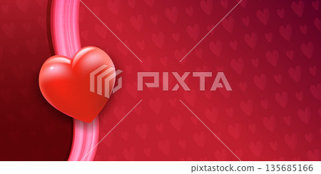 Valentine's Day luxury banner with 3D glossy red heart on abstract dark red background with wavy ribbons and hearts pattern, romantic love promotion header 135685166
