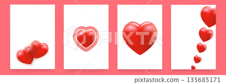 3D red heart poster set on white background with pink frames, creative vertical greeting banners for Valentines Day, Mothers Day, and wedding celebrations 3D red heart poster set on white background with pink frames, creative vertical greeting banners for Valentines Day, Mothers Day, and wedding celebrations 135685171