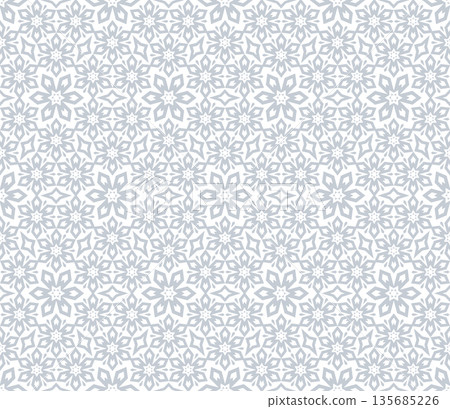 Flower geometric pattern. Seamless vector background. White and gray ornament. Ornament for fabric, wallpaper, packaging. Decorative print Flower geometric pattern. Seamless vector background. White and gray ornament. Ornament for fabric, wallpaper, packaging. Decorative print 135685226
