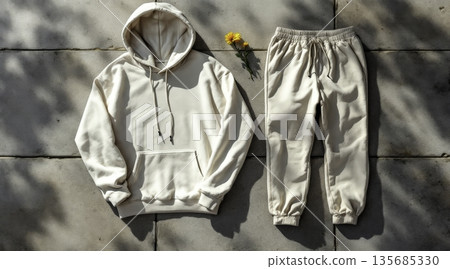 Neutral outfit laid out on pavement beside a flower in sunlight during daytime 135685330