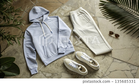 Casual outfit displayed with a hoodie, pants, shoes, and sunglasses on a tiled surface 135685331