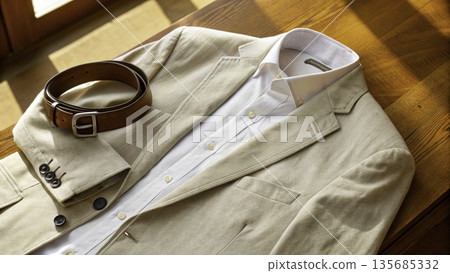 Shirt and suit jacket with belt placed on wooden table in bright light during daytime 135685332