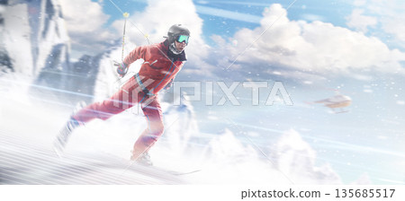 Skis. Downhill. Skiing man in action. Rapid descent at high speed. Extreme sports. Heli skiing. Snow dust. In high mountains. Ski skiing in mountains Skis. Downhill. Skiing man in action. Rapid descent at high speed. Extreme sports. Heli skiing. Snow dust. In high mountains. Ski skiing in mountains 135685517