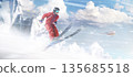 Skiing Man in action. Skis. Downhill. Rapid descent at high speed. Extreme sports. Heli skiing. Snow dust. In high mountains. Ski skiing in mountains 135685518