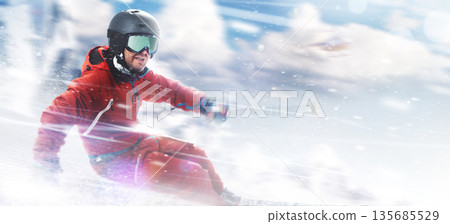 Skiing close up. Downhill. Skiing man in action. Rapid descent at high speed. Extreme sports. Heli skiing. Snow dust. In high mountains. Skis Skiing close up. Downhill. Skiing man in action. Rapid descent at high speed. Extreme sports. Heli skiing. Snow dust. In high mountains. Skis 135685529