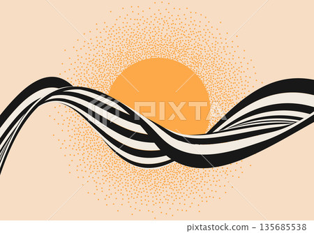 Abstract geometric wave with bold black and white stripes and sun circle on light background, modern minimal design for posters, branding and layouts Abstract geometric wave with bold black and white stripes and sun circle on light background, modern minimal design for posters, branding and layouts 135685538