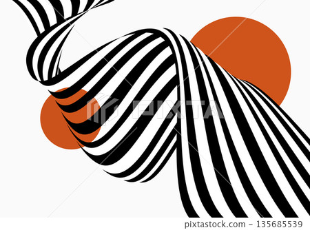 Abstract black and white wave illusion with expressive curved stripes and orange round accents on a clean white background. Abstract black and white wave illusion with expressive curved stripes and orange round accents on a clean white background. 135685539