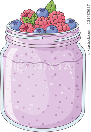 Hand Drawn Minimalist Illustration of Healthy Berry Smoothie in a Glass Jar Topped with Fresh Raspberries and Blueberries for Vegan Breakfast and Wellness Decor Hand Drawn Minimalist Illustration of Healthy Berry Smoothie in a Glass Jar Topped with Fresh Raspberries and Blueberries for Vegan Breakfast and Wellness Decor 135685657