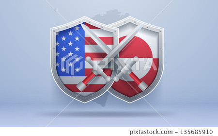 United States Greenland shields crossed swords conflict concept diplomatic tension Arctic background metallic design 135685910