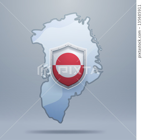 Greenland map shield flag protection sovereignty arctic security diplomacy metallic emblem gray background geopolitical concept 135685911