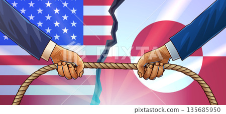 United States Greenland tug of war conflict political dispute hands pulling rope cracked flags background diplomatic tension concept United States Greenland tug of war conflict political dispute hands pulling rope cracked flags background diplomatic tension concept 135685950
