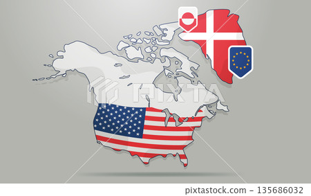 Greenland Denmark United States EU geopolitics map North America and Greenland with national flags political conflict Arctic sovereignty concept 135686032