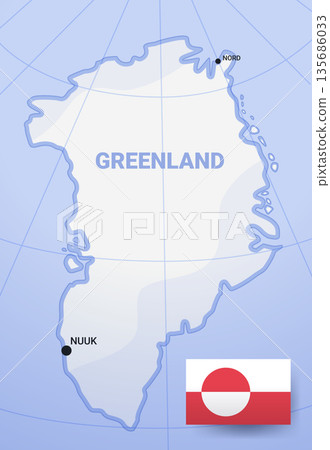 Greenland map with Nuuk and Nord locations political geography Arctic region national flag blue background 135686033