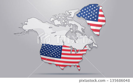 United States flag on North America Greenland political map concept showing territorial acquisition idea flat grey background 135686048