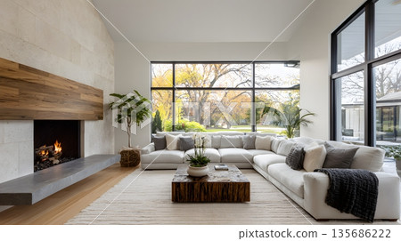 Bright modern living room wide view sofa and fireplace soft natural light Bright modern living room wide view sofa and fireplace soft natural light 135686222
