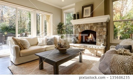 Cozy living room interior wide perspective fireplace comfortable sofa daylight Cozy living room interior wide perspective fireplace comfortable sofa daylight 135686235