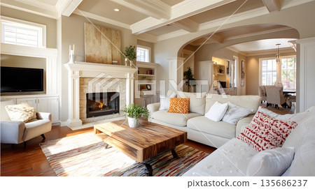 Cozy living room interior wide perspective fireplace comfortable sofa daylight Cozy living room interior wide perspective fireplace comfortable sofa daylight 135686237