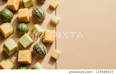 Melon Fusion Grid - cantaloupe and honeydew cubes in soft shadow mosaic, neutral sand-colored backdrop, clean repetition for kitchen decor. 135686924