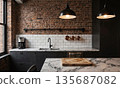 Brooklyn brownstone kitchen, exposed brick wall with copper pots hanging from iron rail, marble island with cutting board showing knife 135687082