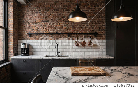 Brooklyn brownstone kitchen, exposed brick wall with copper pots hanging from iron rail, marble island with cutting board showing knife Brooklyn brownstone kitchen, exposed brick wall with copper pots hanging from iron rail, marble island with cutting board showing knife 135687082