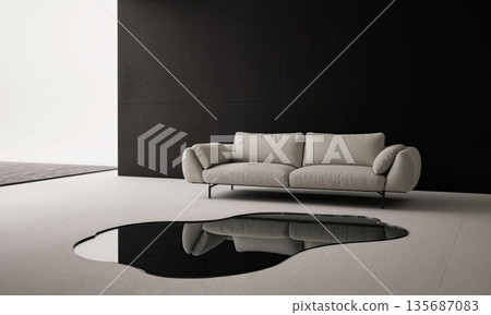 Room with a Puddle Table. A shot of a modern living room where the coffee table is a low, irregularly 135687083