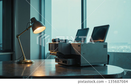 Archive Microfilm Desk Retro microfilm readers sit unused beside stainless counters, dim amber task lamp; camera table-height, cool cyan light Archive Microfilm Desk Retro microfilm readers sit unused beside stainless counters, dim amber task lamp; camera table-height, cool cyan light 135687084