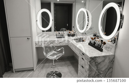 Beauty Tutorial Station Ring light centered over empty acrylic chair, makeup brushes arranged in gradient order, mirrors at multiple angles Beauty Tutorial Station Ring light centered over empty acrylic chair, makeup brushes arranged in gradient order, mirrors at multiple angles 135687100