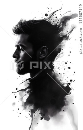 A bold male founder in midnight ink, casting two shadows-one rational, one emotional-merging into one, symbolizing holistic commercial leadership. 135687149