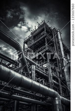 An industrial setting with a complex network of large metal pipes and machinery, likely part of a factory or processing plant. The intricate piping system is visually striking. 135687660