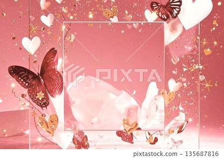 帶有閃亮蝴蝶和愛心的相框式背景 - 紅色 135687816
