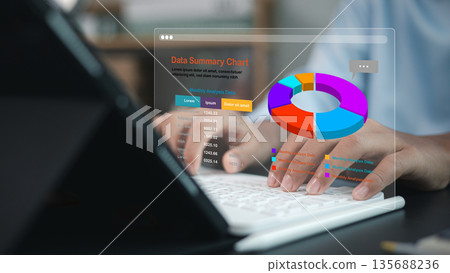 Business person hands typing on keyboard working with virtual financial report. Data summary chart and 3D pie graph analysis for digital marketing strategy concept. Business person hands typing on keyboard working with virtual financial report. Data summary chart and 3D pie graph analysis for digital marketing strategy concept. 135688236