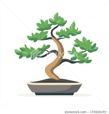 A stylized illustration of a bonsai tree with a twisted trunk and lush green foliage, placed in a rectangular pot. The bonsai's artistic shape and vibrant colors make it visually appealing. 135688293