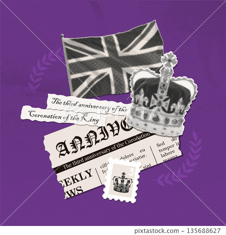 Elegant vintage paper collage for anniversary of the coronation of Kings Charles III at 6th May. Torn out stickers with UK flag, newspaper piece, postage stamp and crown. Vector illustration. 135688627