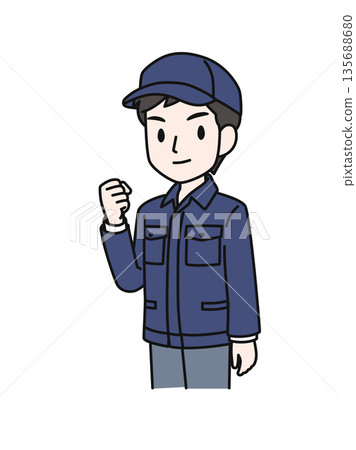 Illustration material of a man in work clothes wearing a hat making a fist pump 135688680