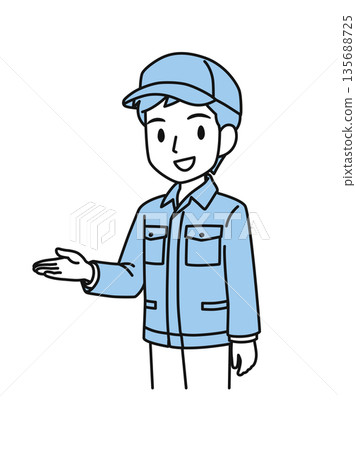 Illustration material of a man in work clothes wearing a hat giving directions Illustration material of a man in work clothes wearing a hat giving directions 135688725