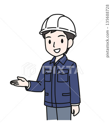 Illustration material of a man in work clothes wearing a helmet giving guidance Illustration material of a man in work clothes wearing a helmet giving guidance 135688728