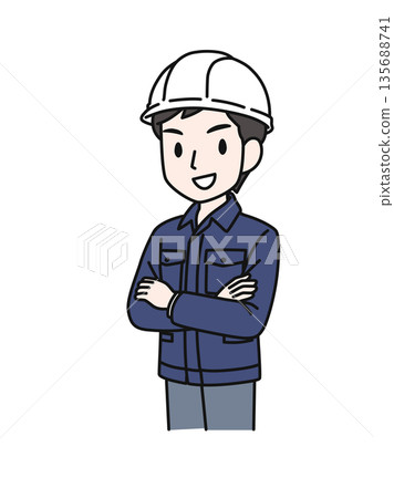 插畫素材:一位身穿工作服、頭戴安全帽、雙臂交叉、自信滿滿的男士。 插畫素材:一位身穿工作服、頭戴安全帽、雙臂交叉、自信滿滿的男士。 135688741