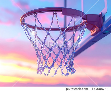 A realistic 3D illustration of a basketball hoop silhouetted against a colorful sunset sky 135688782