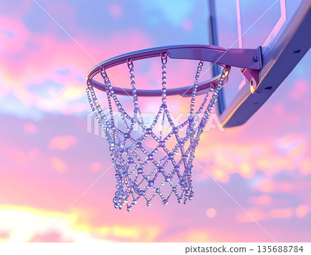A realistic 3D illustration of a basketball hoop silhouetted against a colorful sunset sky 135688784