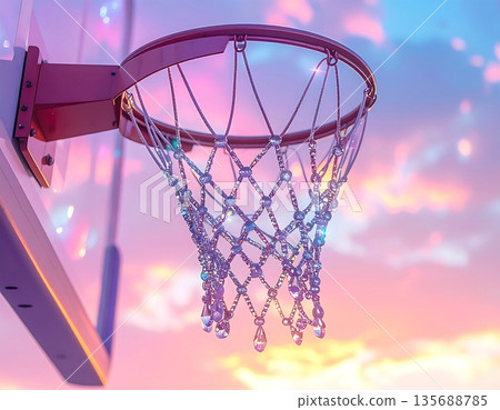 A realistic 3D illustration of a basketball hoop silhouetted against a colorful sunset sky 135688785