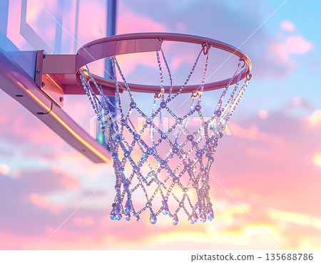 A realistic 3D illustration of a basketball hoop silhouetted against a colorful sunset sky 135688786