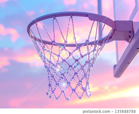 A realistic 3D illustration of a basketball hoop silhouetted against a colorful sunset sky 135688788