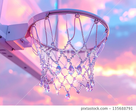 A realistic 3D illustration of a basketball hoop silhouetted against a colorful sunset sky 135688791