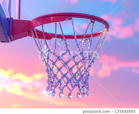 A realistic 3D illustration of a basketball hoop silhouetted against a colorful sunset sky 135688805