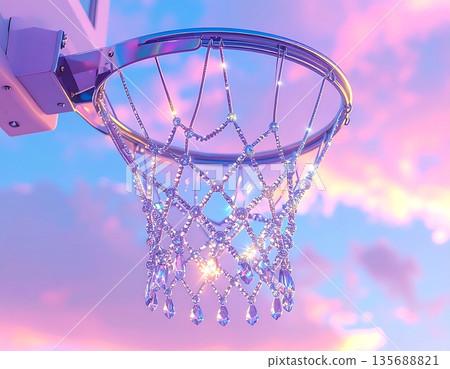 A realistic 3D illustration of a basketball hoop silhouetted against a colorful sunset sky 135688821
