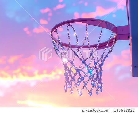 A realistic 3D illustration of a basketball hoop silhouetted against a colorful sunset sky 135688822