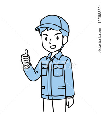 Illustration material of a man in work clothes wearing a hat making a good pose Illustration material of a man in work clothes wearing a hat making a good pose 135688834