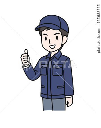 Illustration material of a man in work clothes wearing a hat making a good pose Illustration material of a man in work clothes wearing a hat making a good pose 135688835