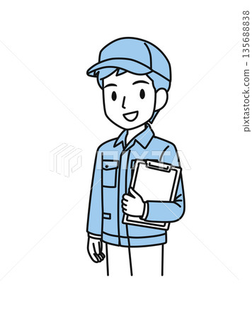 插畫素材：一名身穿工作服、頭戴帽子的男子，手捧活頁夾中的文件。 135688838