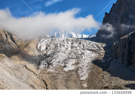 Scenic view of a mountain valley with Ak Sai glacier, view from Racek hut Scenic view of a mountain valley with Ak Sai glacier, view from Racek hut 135688996
